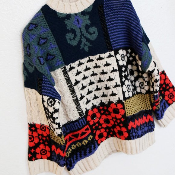 NEW Zara Patchwork Wool Blend Beaded Applique Oversize Limited Edition Sweater M - Picture 2 of 16
